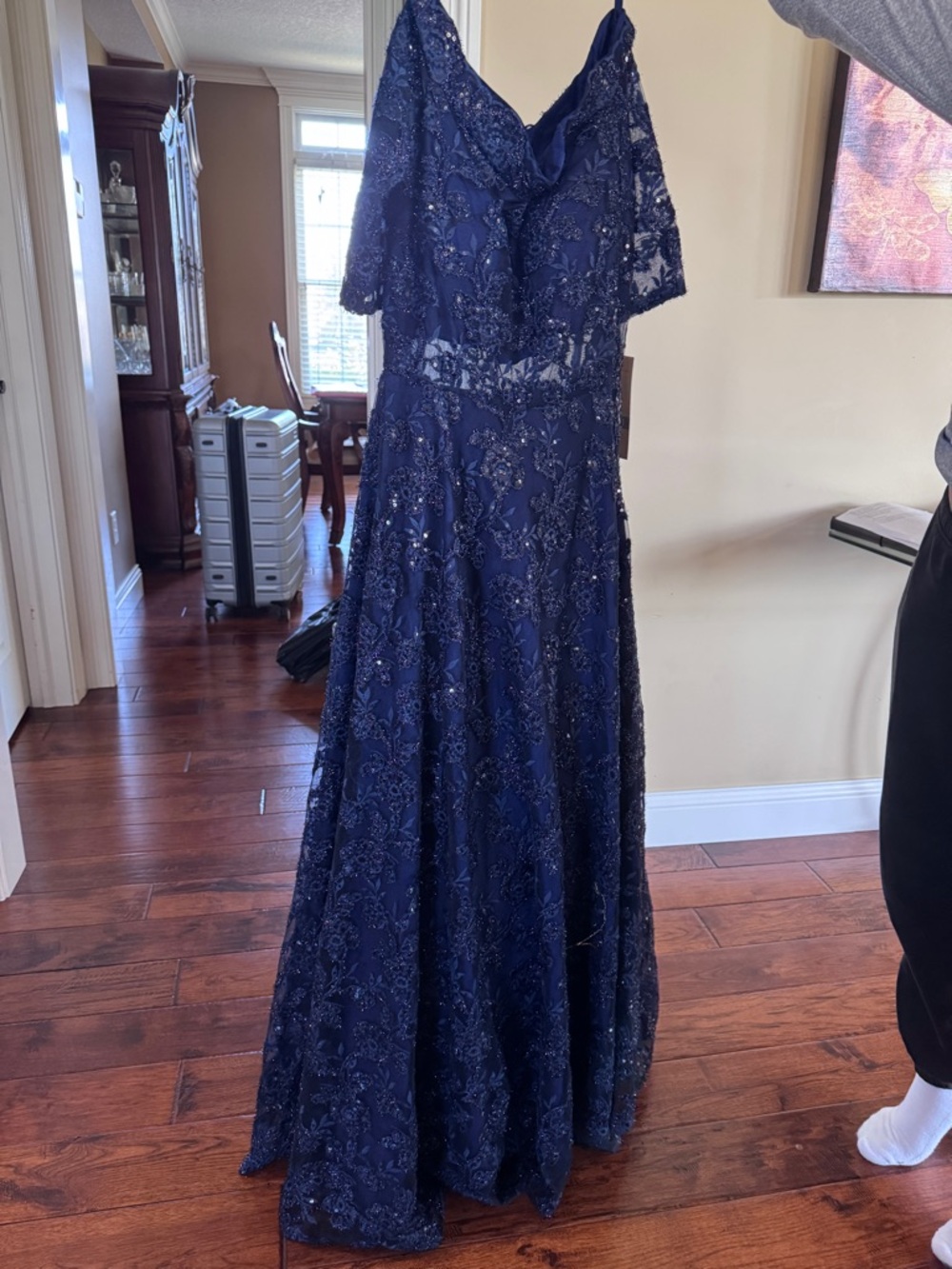 Navy Sequin Lace A-Line Prom Dress with V-Neck
